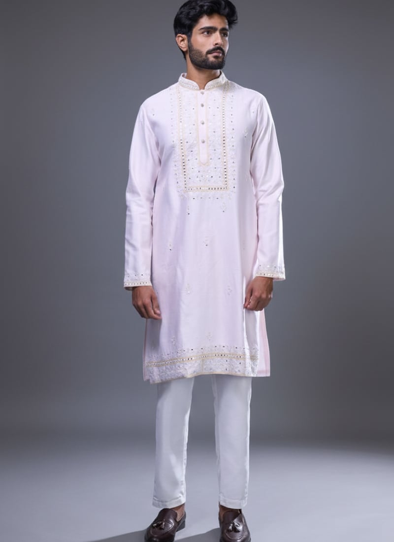 Pink Silk Embroidered With Mirror Work Kurta Pyjama Festive Wear