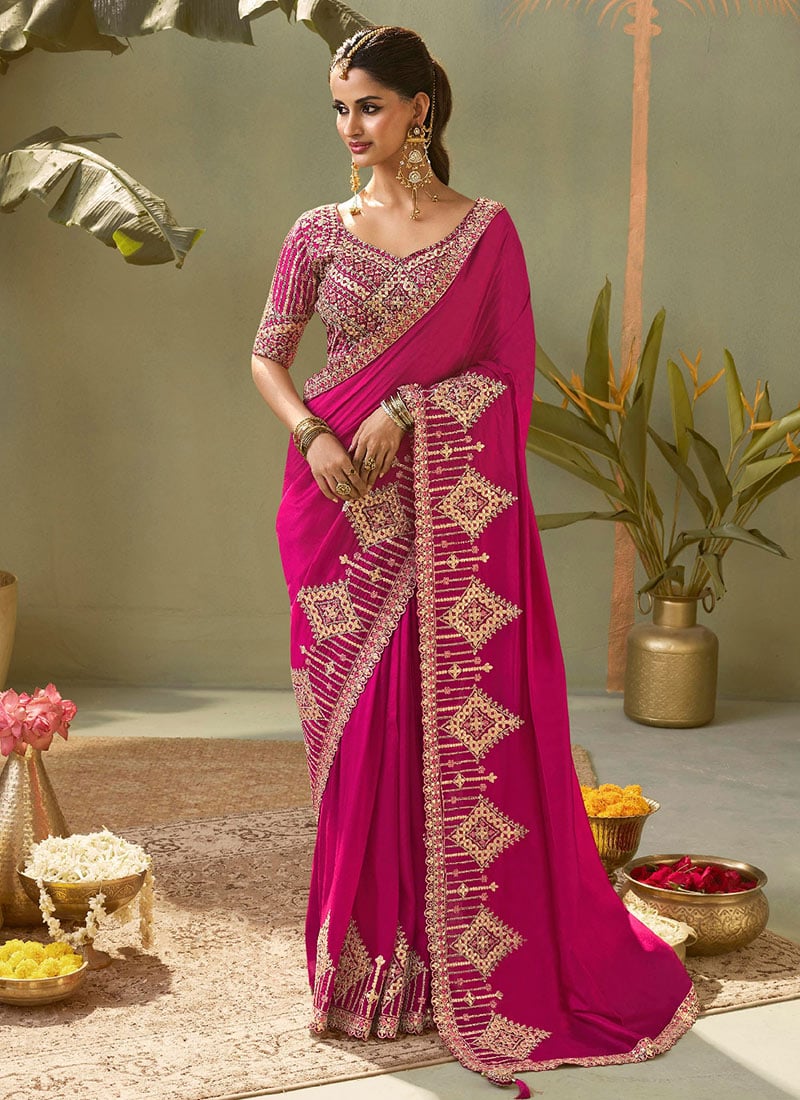 Pink Silk Embroidered Zari Gota Resham Saree Wedding Wear