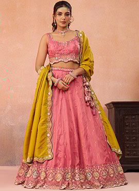 Pink Silk Embroidered Zari Sequins Beads Lehenga