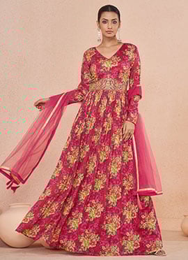 Pink Silk Floral Digital Print Hand Work Sequins Anarkali Gown With Dupatta