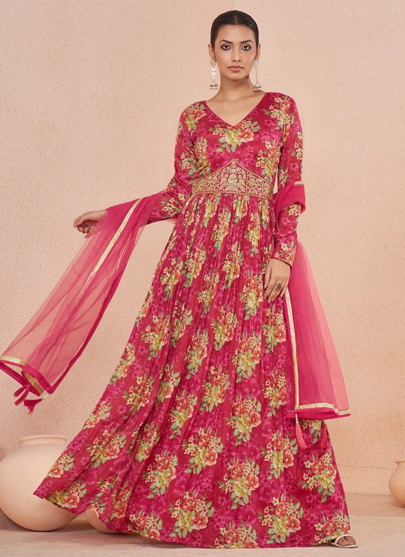 Pink Silk Floral Digital Print Hand Work Sequins Anarkali Gown With Dupatta Party Wear