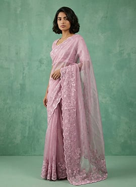 Pink Silk Floral Embroidered Saree