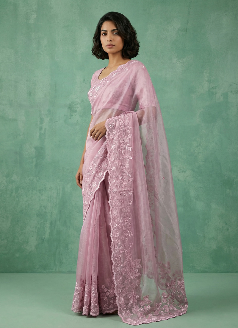 Pink Silk Floral Embroidered Saree After Six Wear