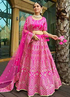Pink Silk Golden Embroidered A line Lehenga With Matching Choli And Dupatta