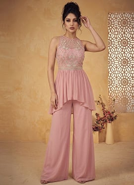 Pink Silk Hand Embroidered Beads And Stones Indowestern Asymmetric Palazzo Set