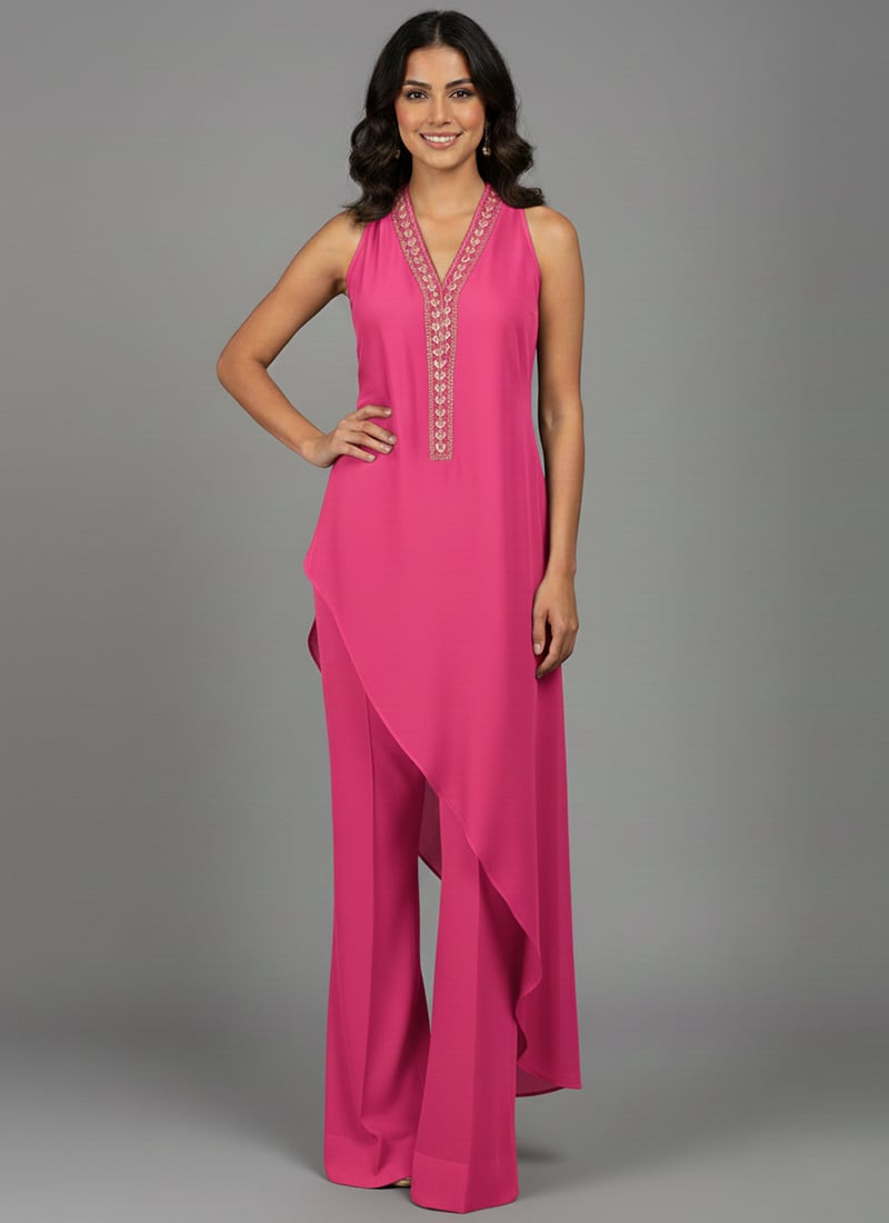 Pink Silk Hand Embroidered Beads Sequins Indowestern Palazzo Set After Six Wear