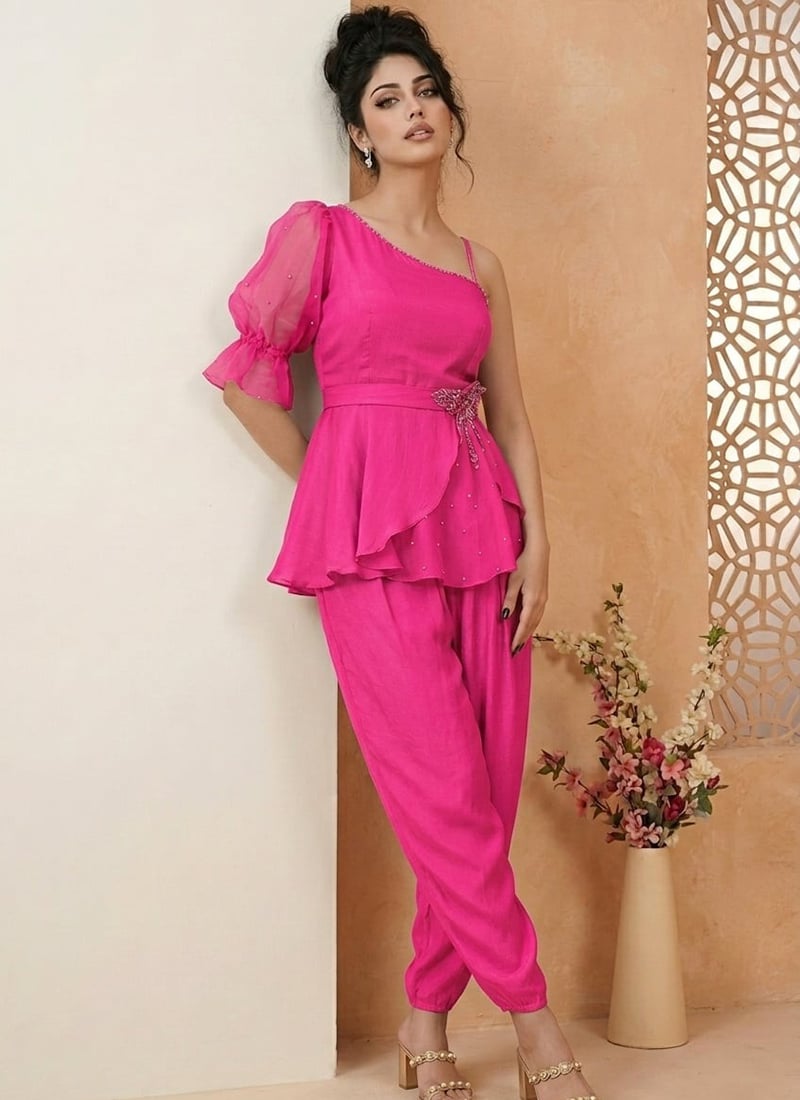 Pink Silk Hand Embroidered Cut Dana Sequins Indowestern Peplum Palazzo Set After Six Wear