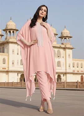 Pink Silk Hand Embroidered Indowestern Kaftan Set