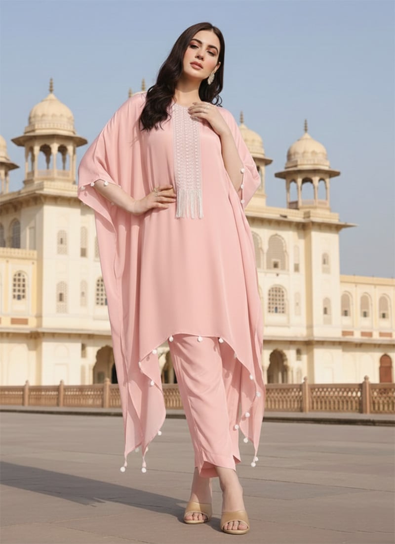 Pink Silk Hand Embroidered Indowestern Kaftan Set After Six Wear