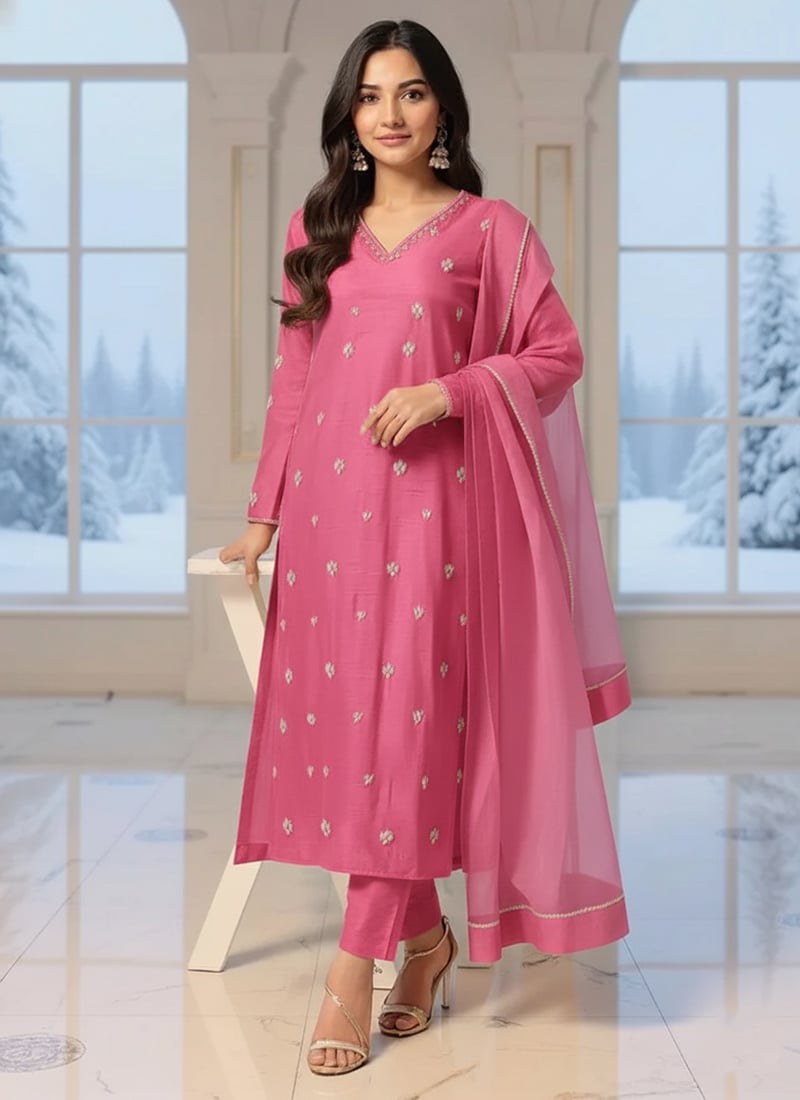 Pink Silk Hand Embroidered Moti Stones Straight Pant Suit Festive Wear