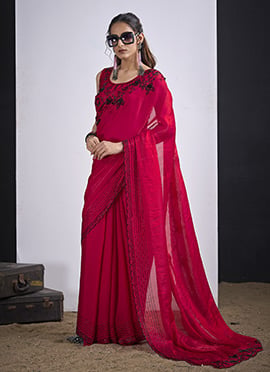 Pink Silk Hand Embroidered Saree