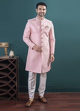 Pink Silk Hand Embroidered Sequins Indowestern Sherwani
