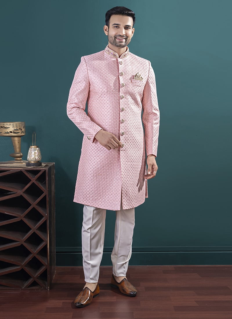 Pink Silk Hand Embroidered Sequins Indowestern Sherwani