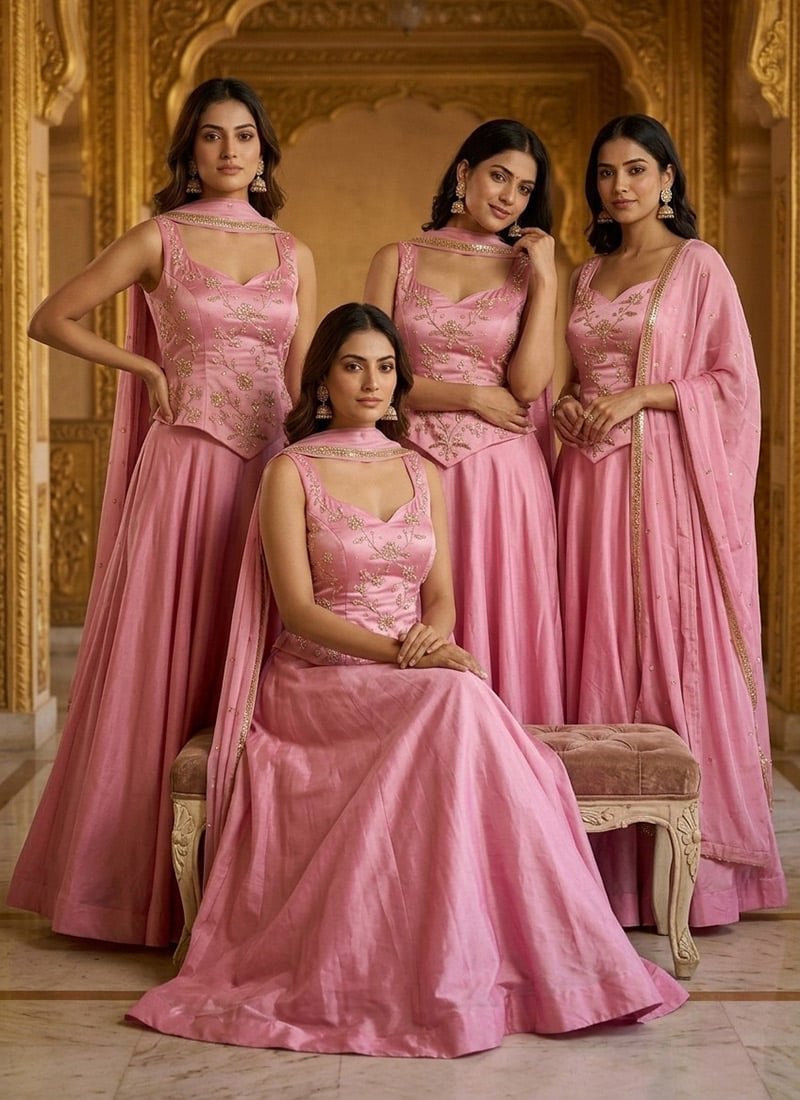 Pink Silk Hand Embroidered Sequins Lehenga Wedding Wear