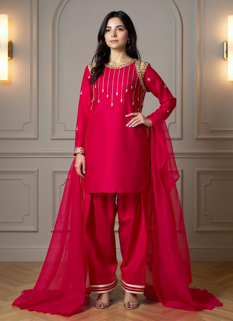 Pink Silk Hand Embroidered Sequins With Stone Work Palazzo Suit