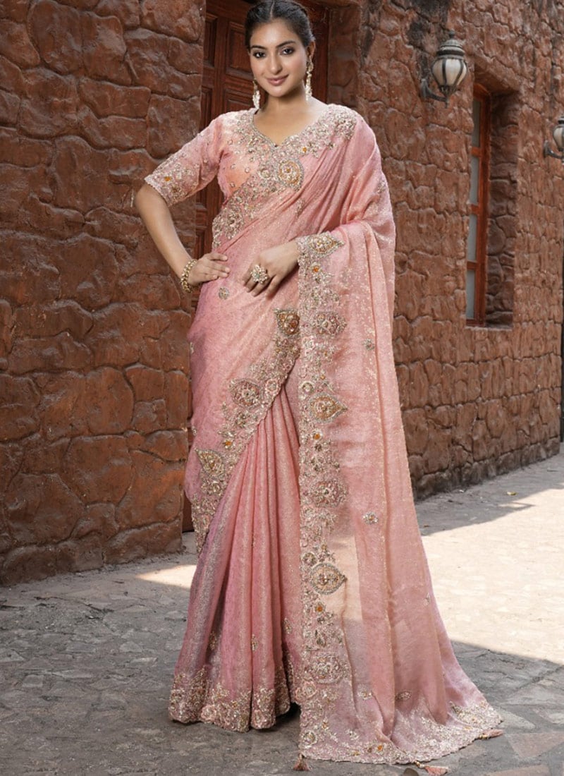Pink Silk Hand Embroidered Stone And Beads Work Saree Wedding Wear-SASLI2679181E