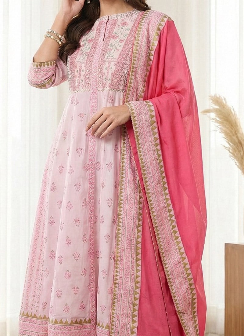 Women Rani Pink Roman Silk Embroidered Palazzo Suit