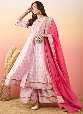 Pink Silk Handloom Embroidered Palazzo Suit