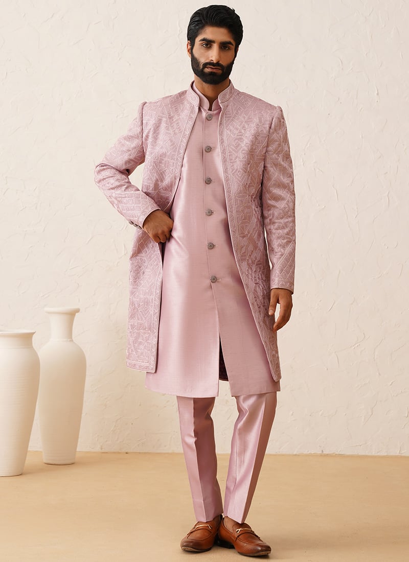 Pink Silk Indowestern Sherwani With Detailed Sequin Embroidery Wedding Wear
