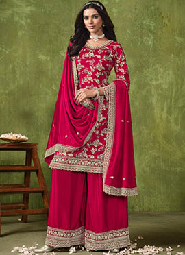 Pink Silk Jacquard Embroidered Palazzo Suit For Elegant Women