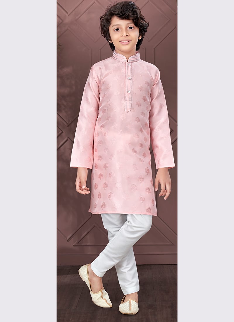 Pink Silk Jacquard Kids Boys Kurta Pyjama Festive Wear