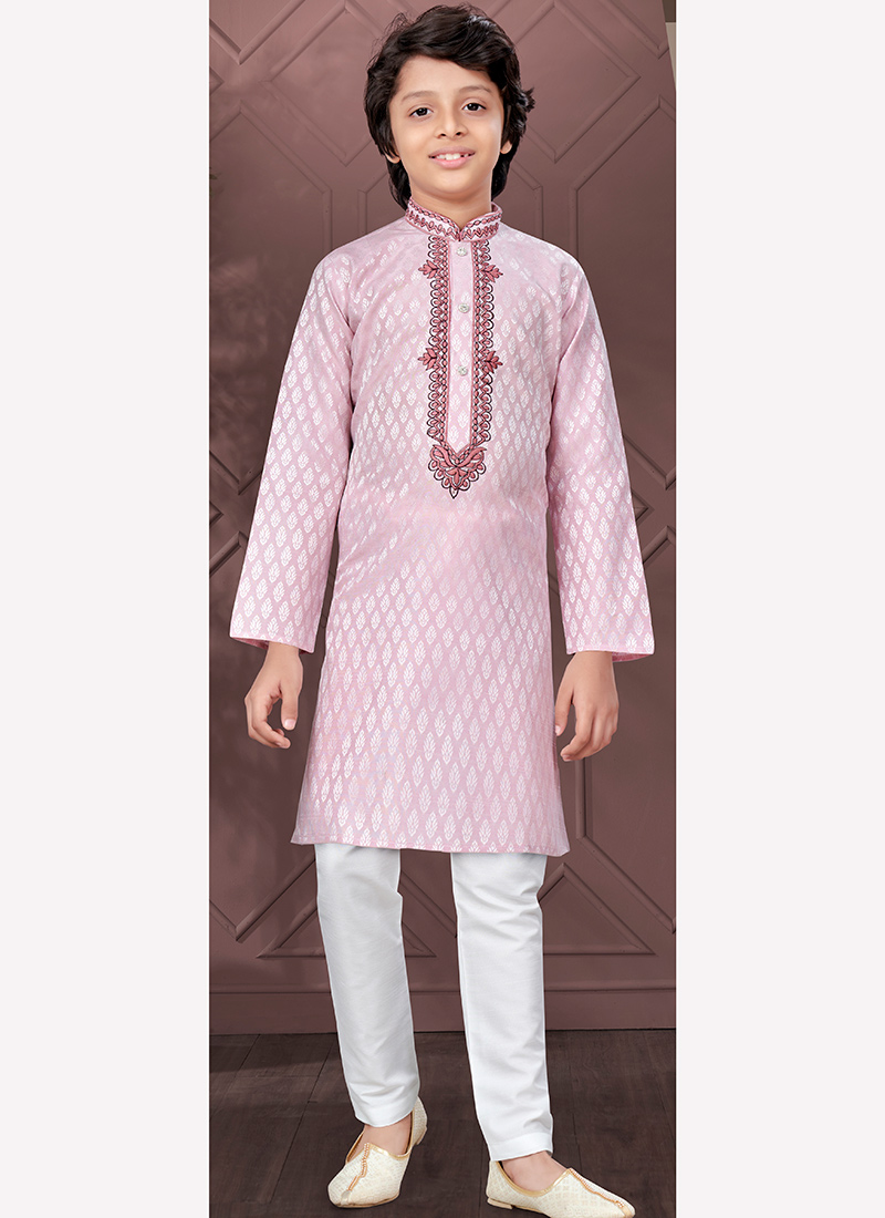 Pink Silk Jacquard Kids Boys Kurta Pyjama Festive Wear