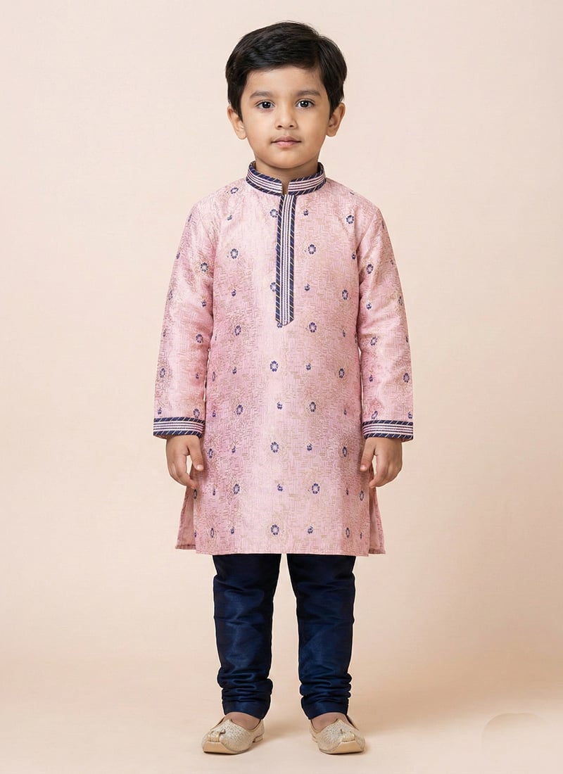 Pink Silk Jacquard Kids Kurta Pyjama Festive Wear