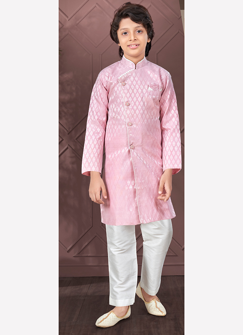 Pink Silk Jacquard Kurta Pyjama For Young Kids Boys Party Wear