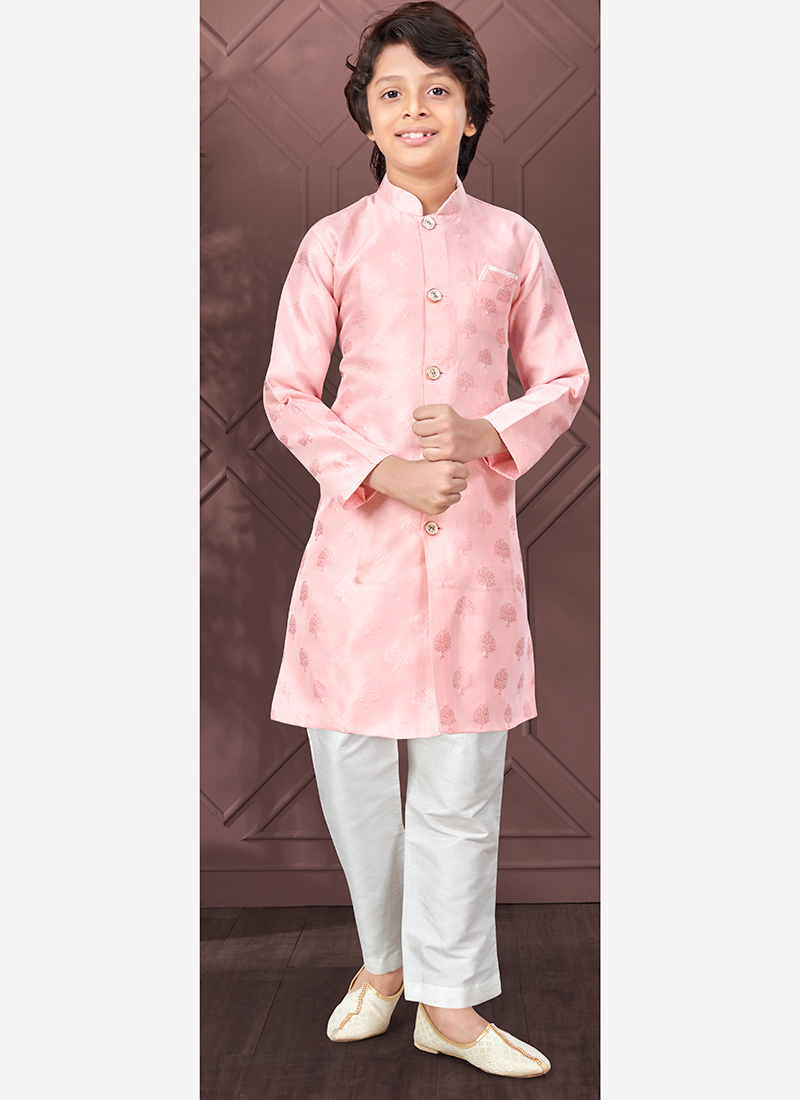 Pink Silk Jacquard Kurta Pyjama For Young Kids Boys Party Wear
