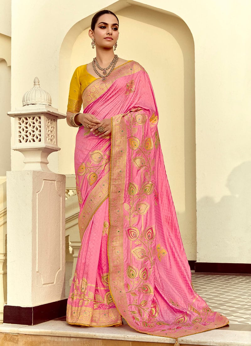 Pink Silk Jacquard Zari Embroidered Beads And Mirror Work Saree