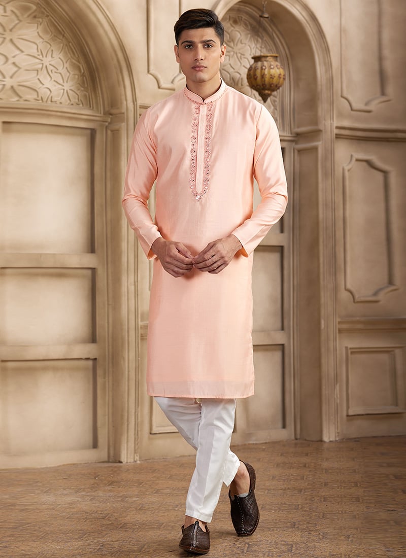 Pink Silk Kurta Pyjama For Men Festive Wear