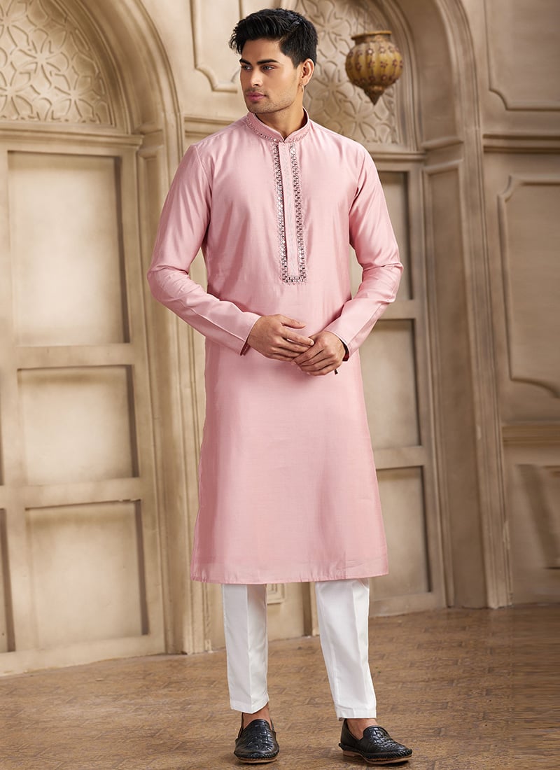 Pink Silk Kurta Pyjama For Men Festive Wear