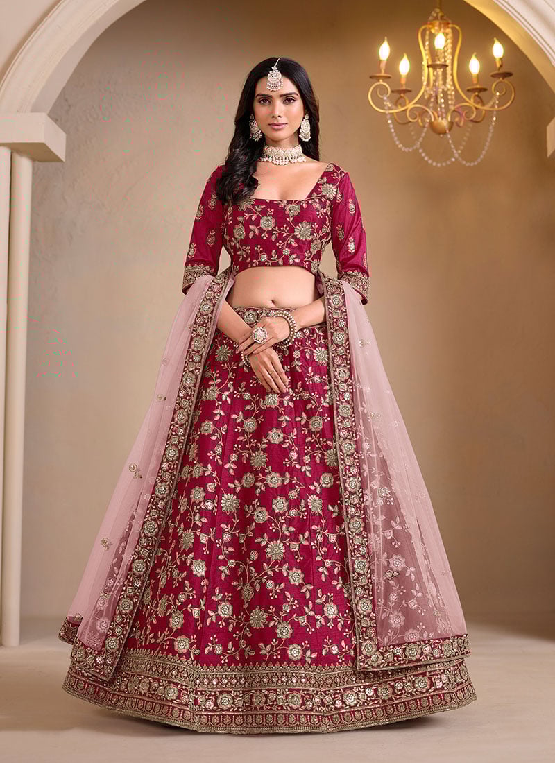 Dark Pink Silk Lehenga With Zari Embroidery And Sequins Wedding Wear