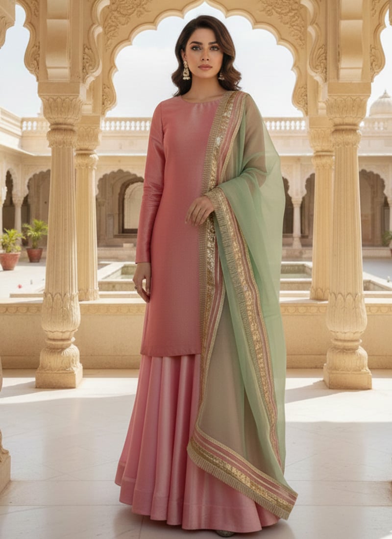 Pink Silk Pakistani Style Palazzo Suit Festive Wear