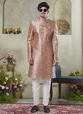 Pink Silk Printed Classic Sherwani Festive Wear