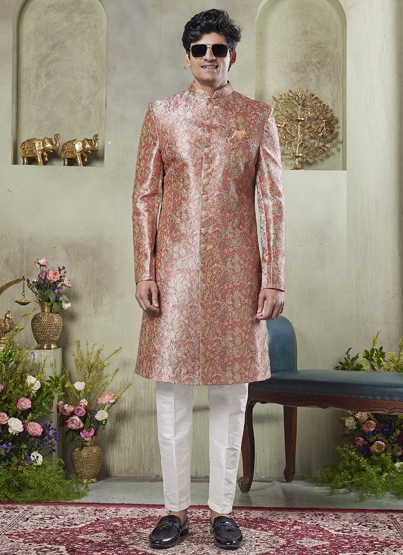 Pink Silk Printed Classic Sherwani Festive Wear