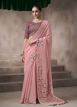 Pink Silk Printed Embroidered Saree