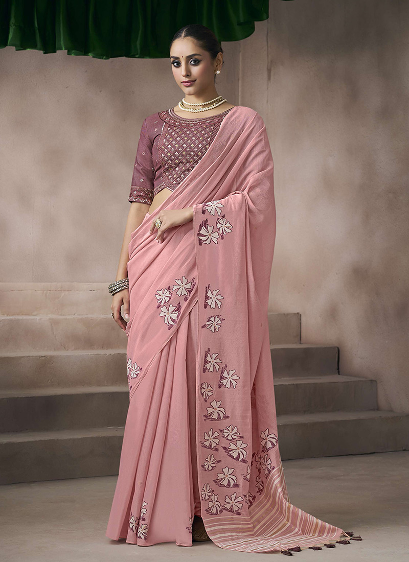 Pink Silk Printed Embroidered Saree Festive Wear