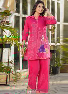 Pink Silk Printed Indowestern Co ord Set