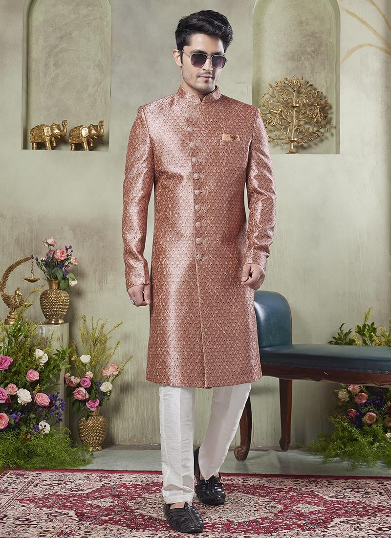 Pink Silk Printed Indowestern Sherwani Festive Wear