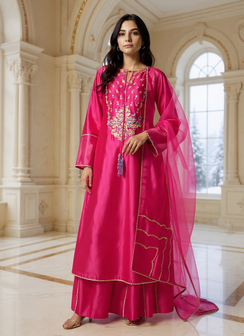 Pink Silk Resham Hand Embroidered Palazzo Suit Festive Wear