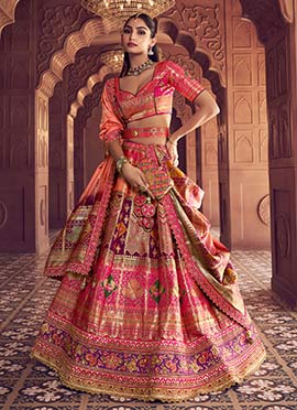 Pink Silk Resham Zari Stones Umbrella Lehenga