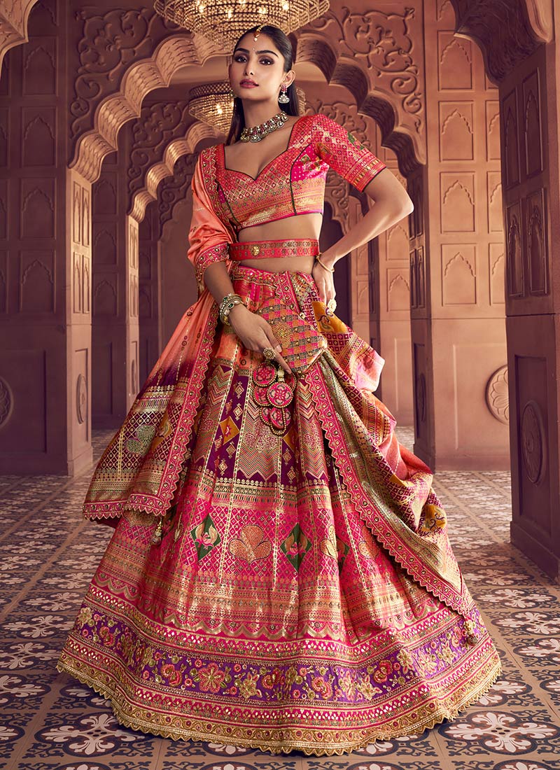 Pink Silk Resham Zari Stones Umbrella Lehenga Wedding Wear