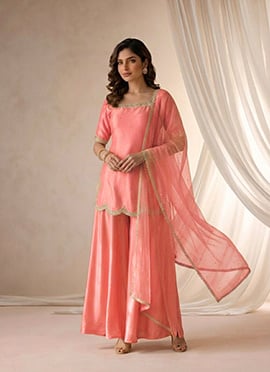 Pink Silk Scalloped Neck Zari Sequins Palazzo Suit
