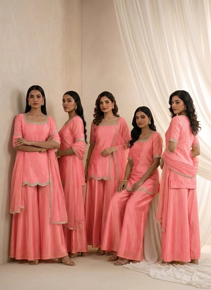 Pink Silk Scalloped Neck Zari Sequins Palazzo Suit Festive Wear