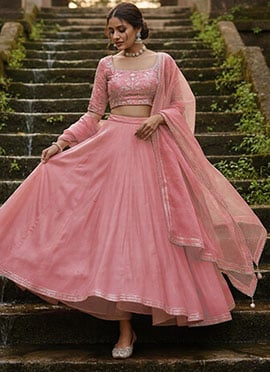 Pink Silk Sequins Beads Hand Embroidered Umbrella Lehenga