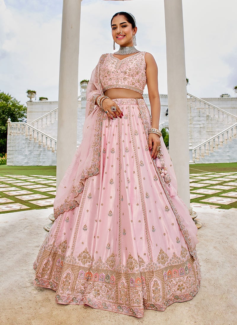 Pink Silk Sequins Embroidered Cut Work Umbrella Lehenga Wedding Wear