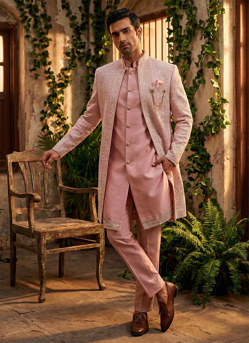 Pink Silk Sequins Embroidered Indowestern Sherwani Set Wedding Wear