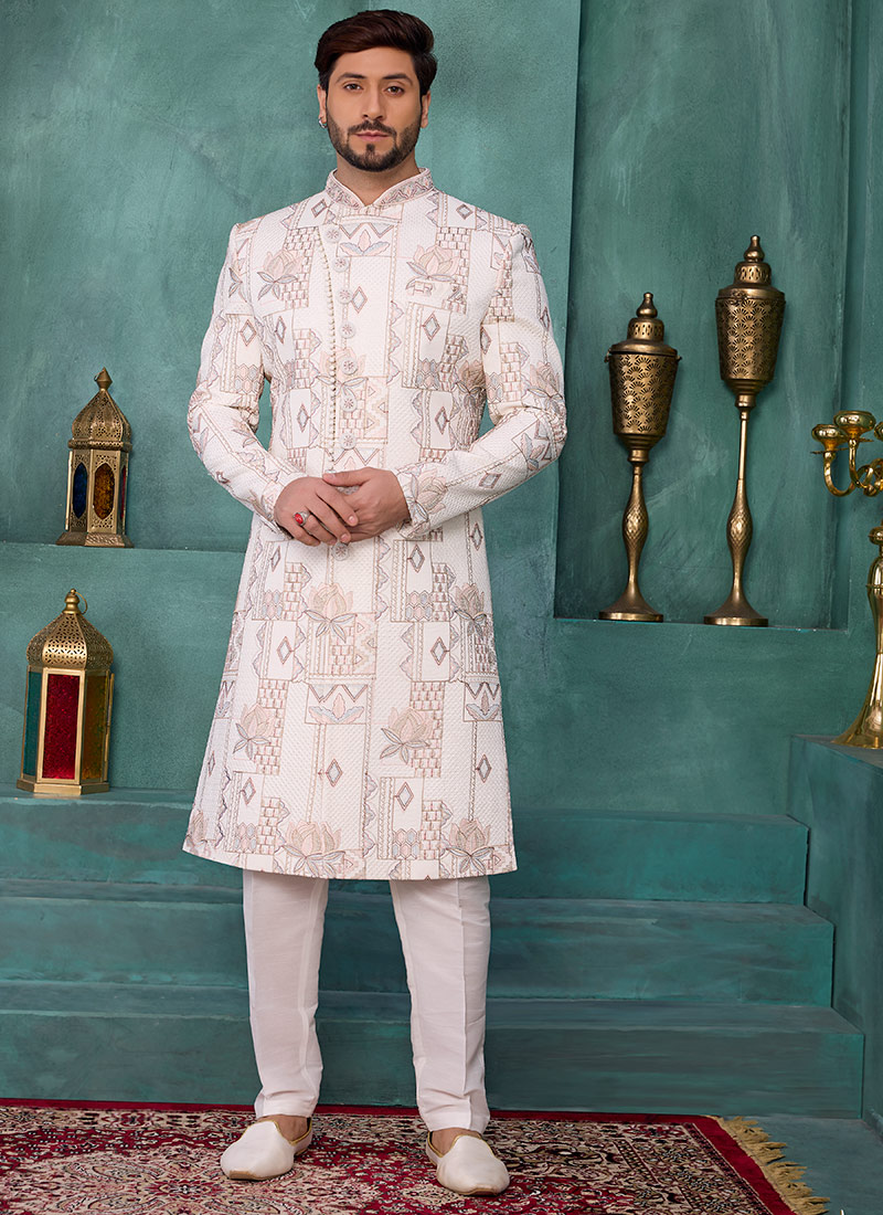 Pink Silk Sequins Embroidered Indowestern Sherwani Wedding Wear