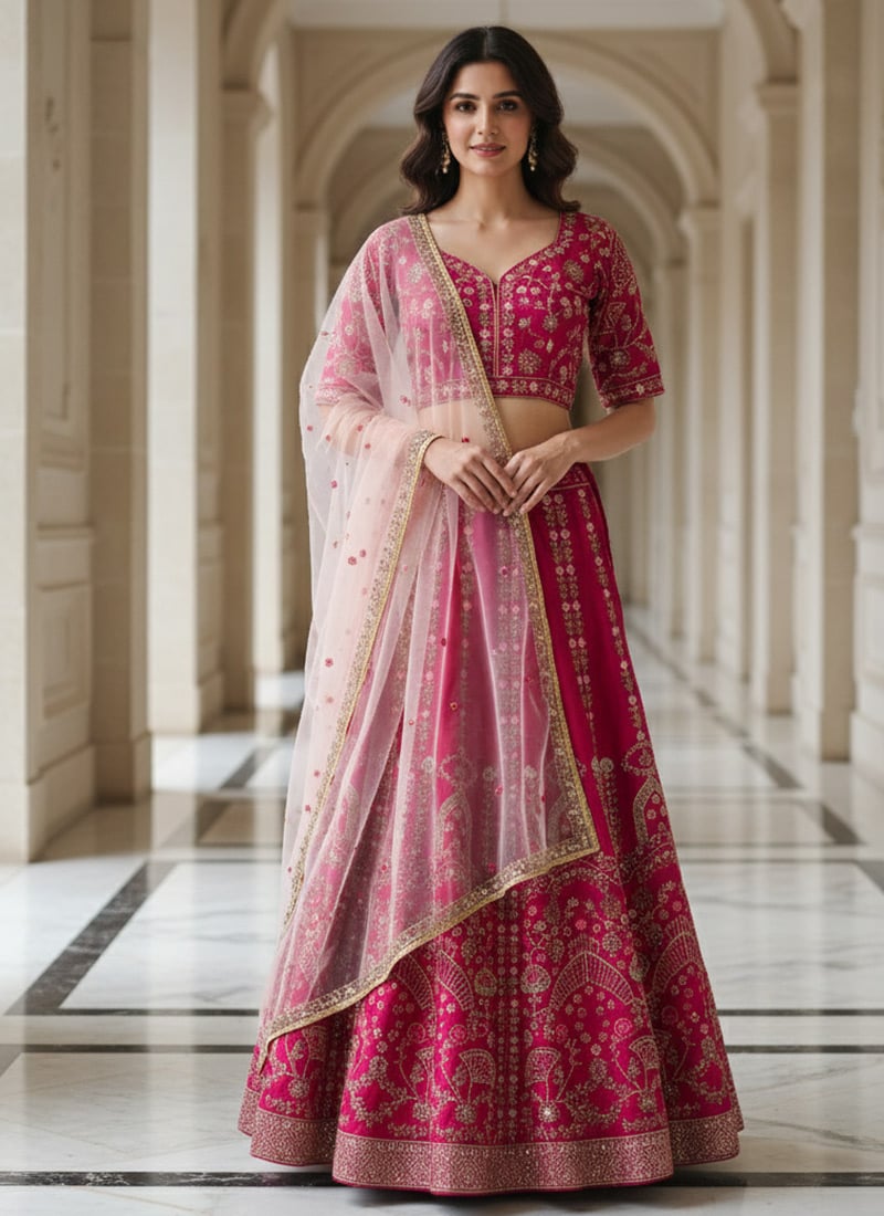 Pink Silk Sequins Embroidered Lehenga Wedding Wear